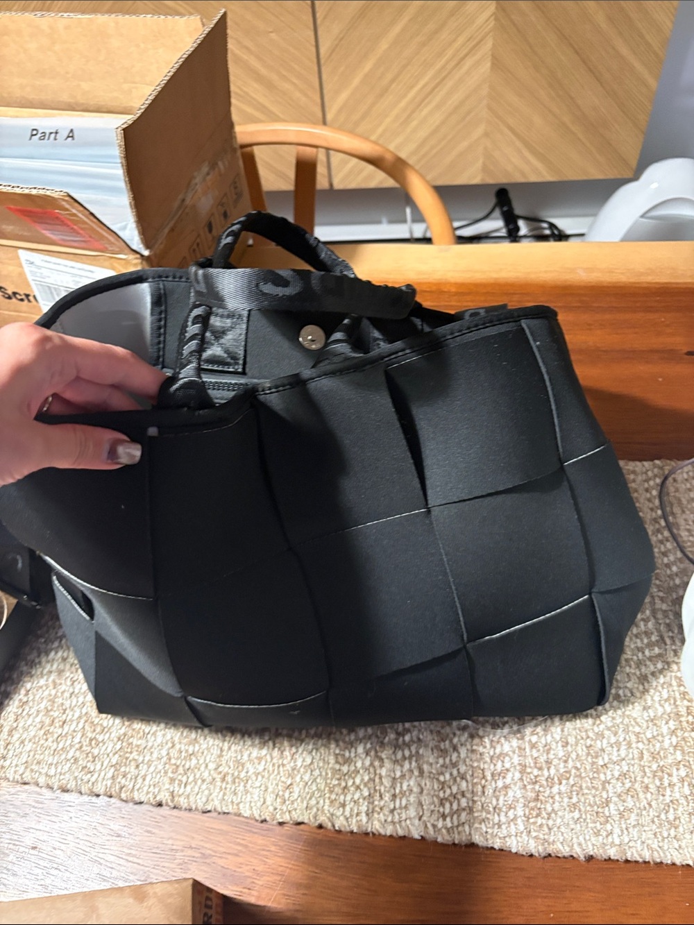 Woven Panel Black Tote Bag - Popups